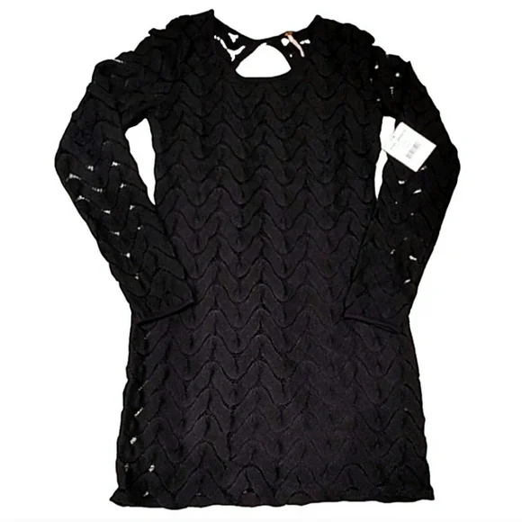 Free People Wild Thing Crochet Knit Black Mini Dress sz S Open Back Long Sleeve - Picture 2 of 15